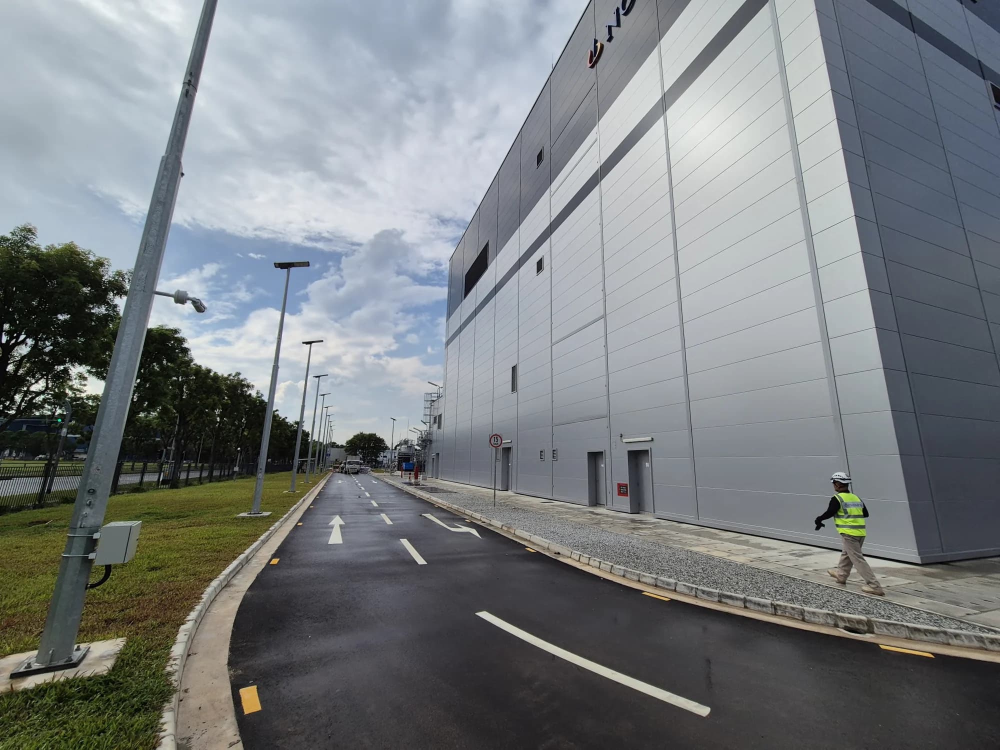Long external elevation of the completed Novartis production building