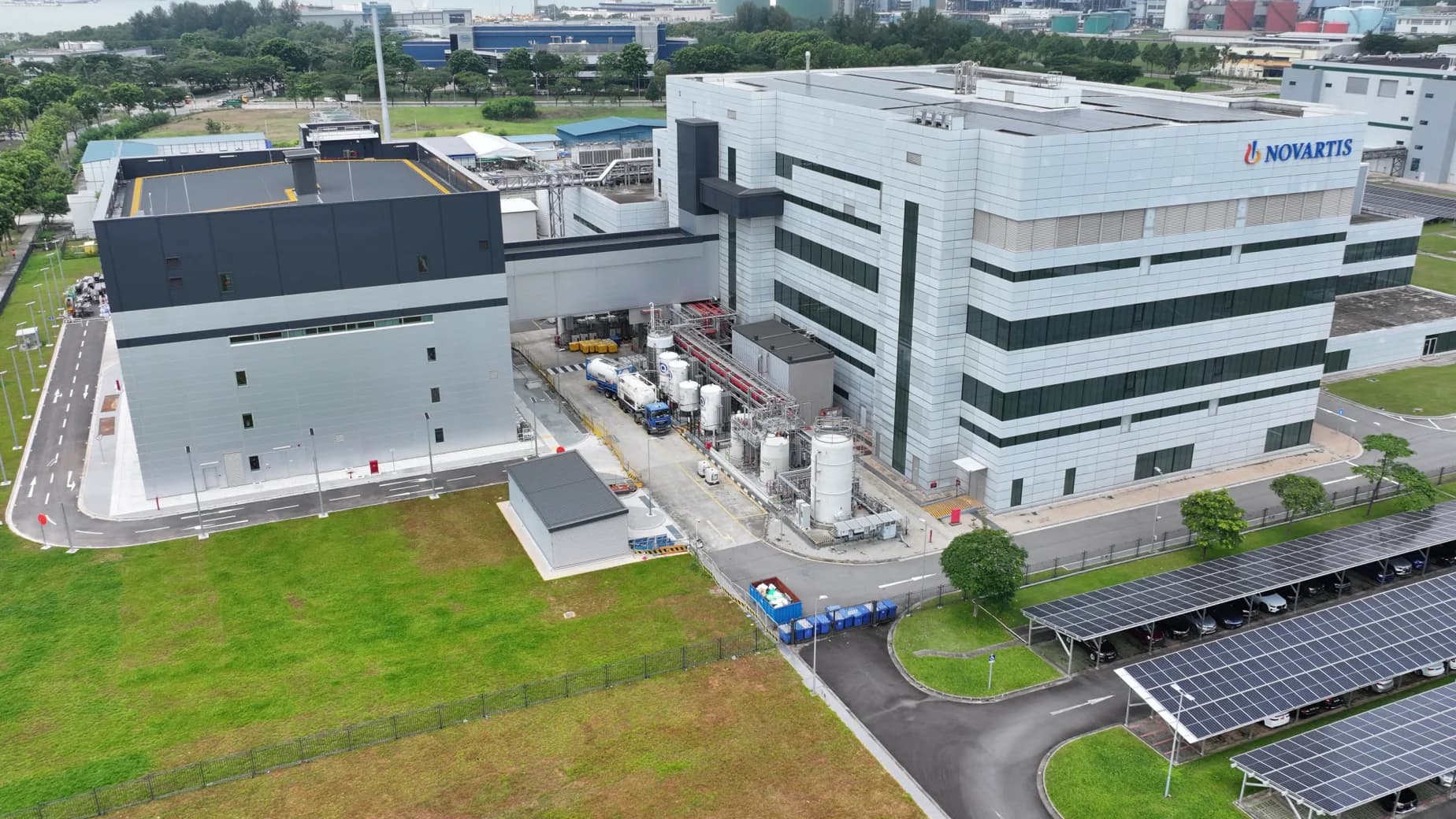 Aerial view of the completed Novartis biopharmaceutical production building in Singapore