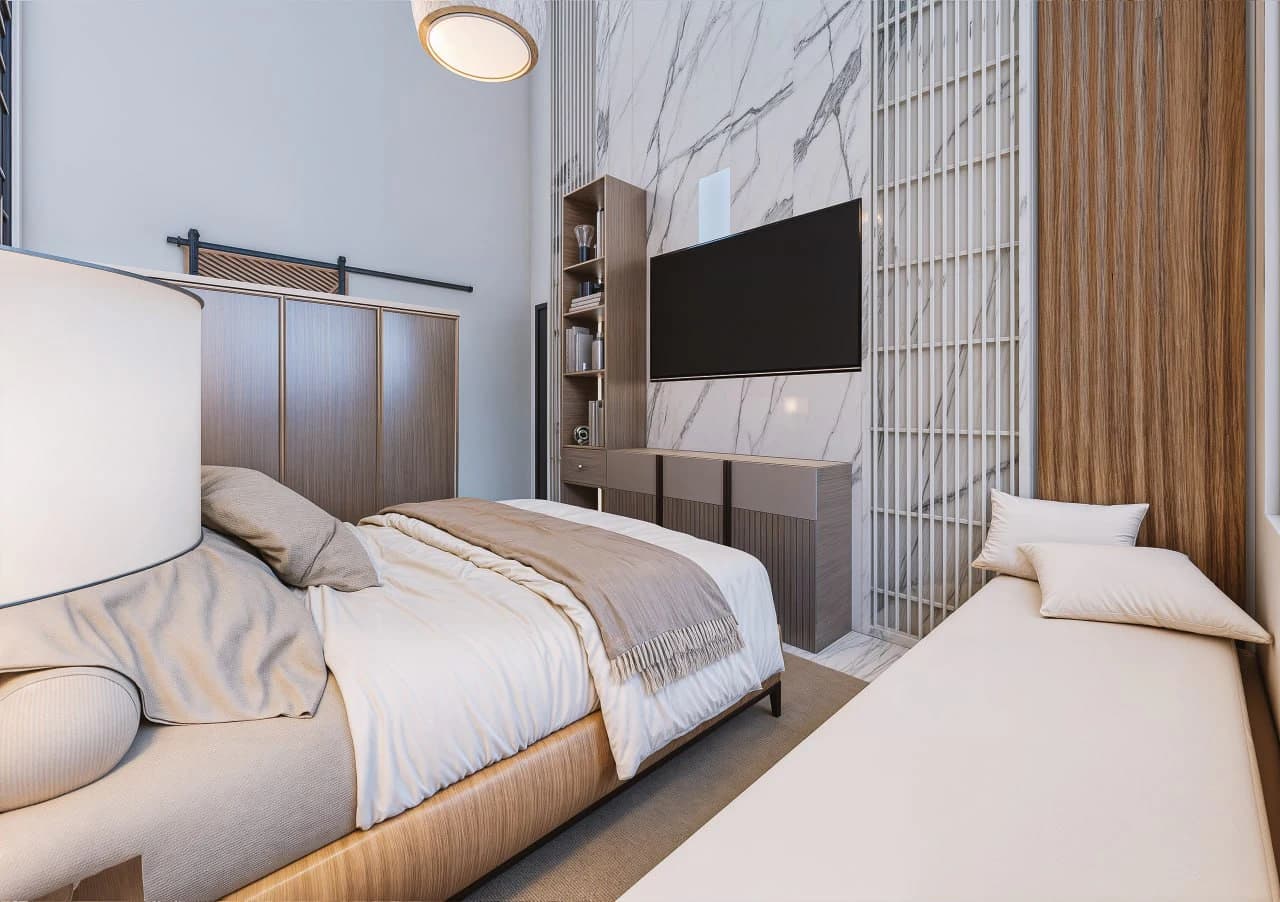 Bedroom with a marble media wall, timber cabinetry and window bench