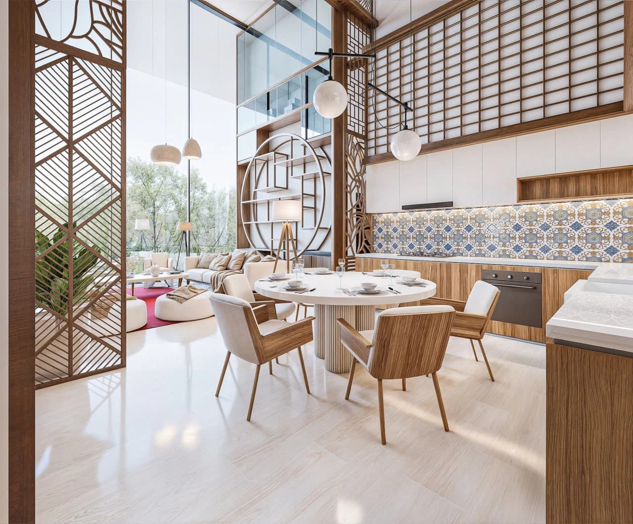 Dining area and kitchen with patterned tilework and warm timber detailing