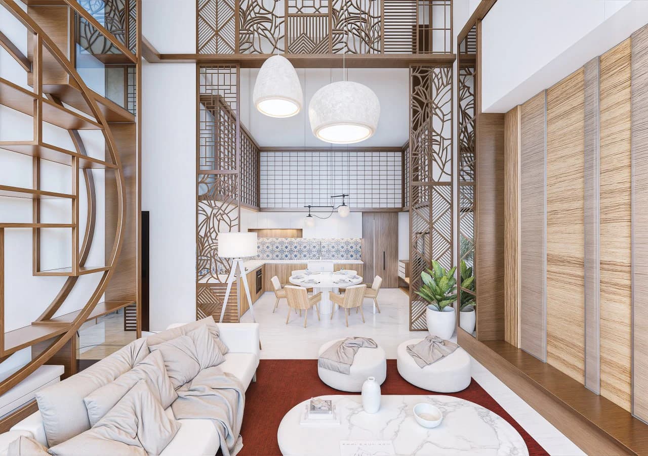 Open-plan living and dining room framed by decorative timber screens
