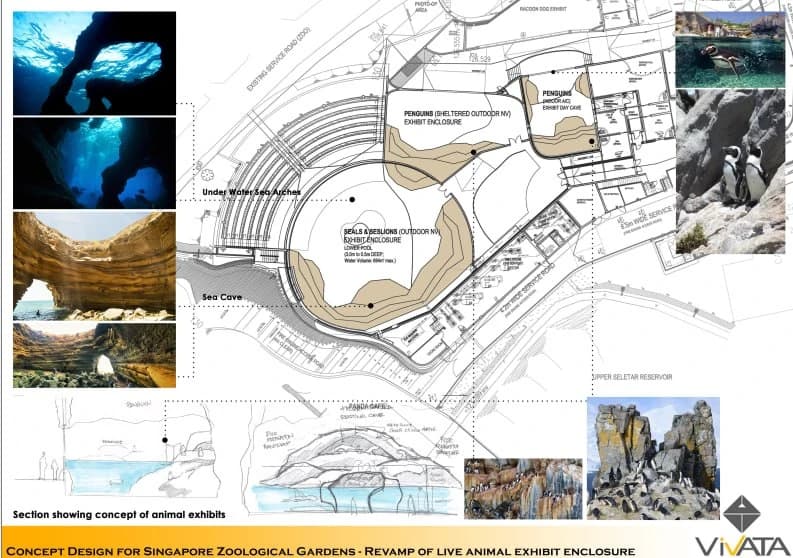 Singapore Zoological Gardens live animal exhibit enclosure concept plan with sea cave references
